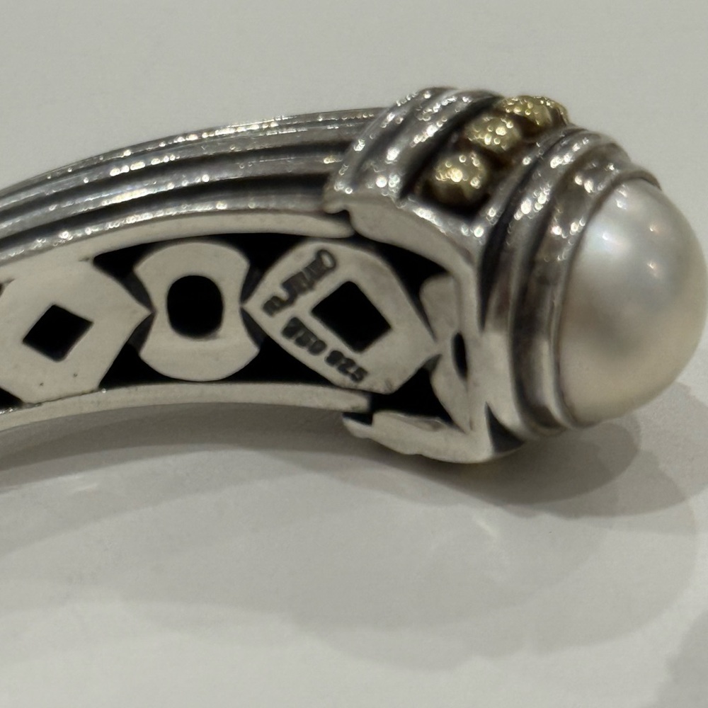 LAGOS Silver Tone Cuff Bracelet with Pearl End Caps and Gold Accents - Picture 4 of 6